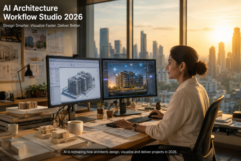 Architect using AI tools on dual monitors with building model and AI rendering in modern studio