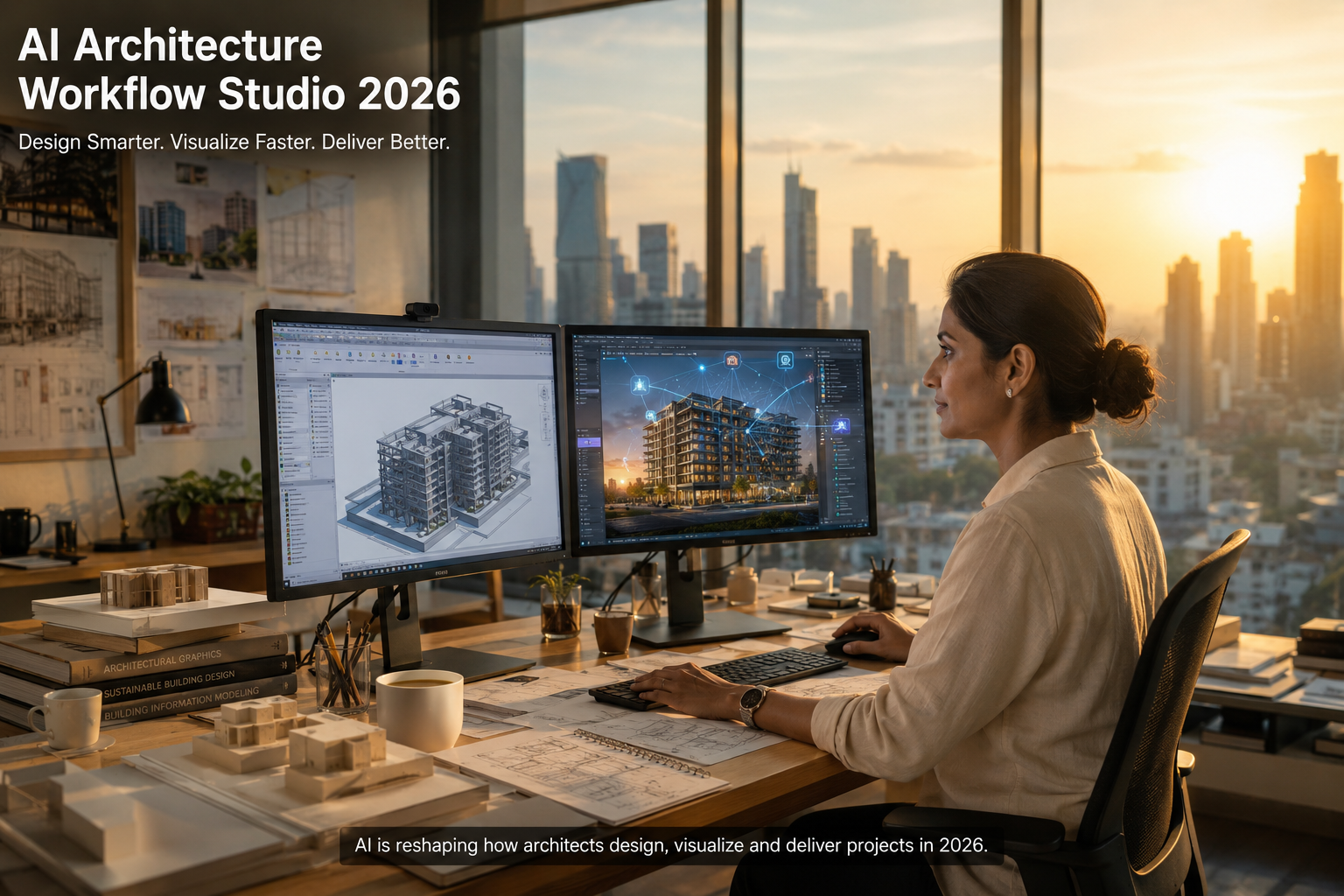 Architect using AI tools on dual monitors with building model and AI rendering in modern studio