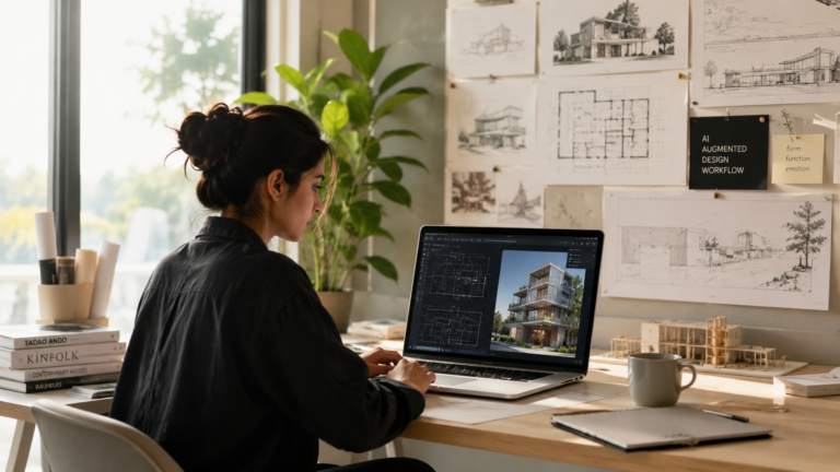 An architect at a clean white desk using a laptop with AI-generated architectural visualizations on screen, cinematic lighting, modern studio setting.