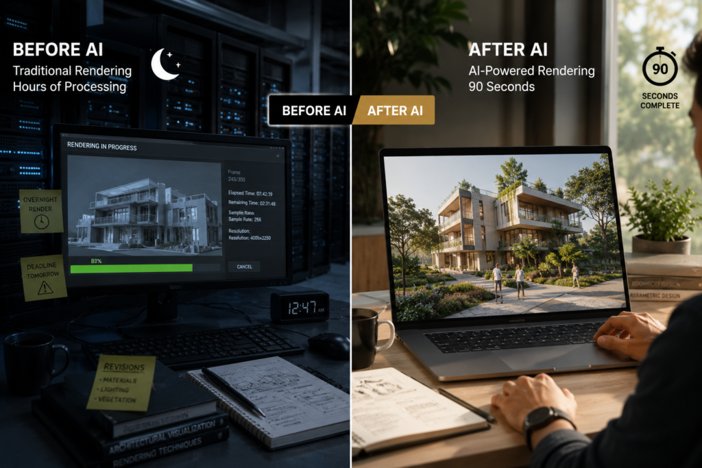 Comparison of traditional rendering time versus AI rendering speed for architectural visualization 