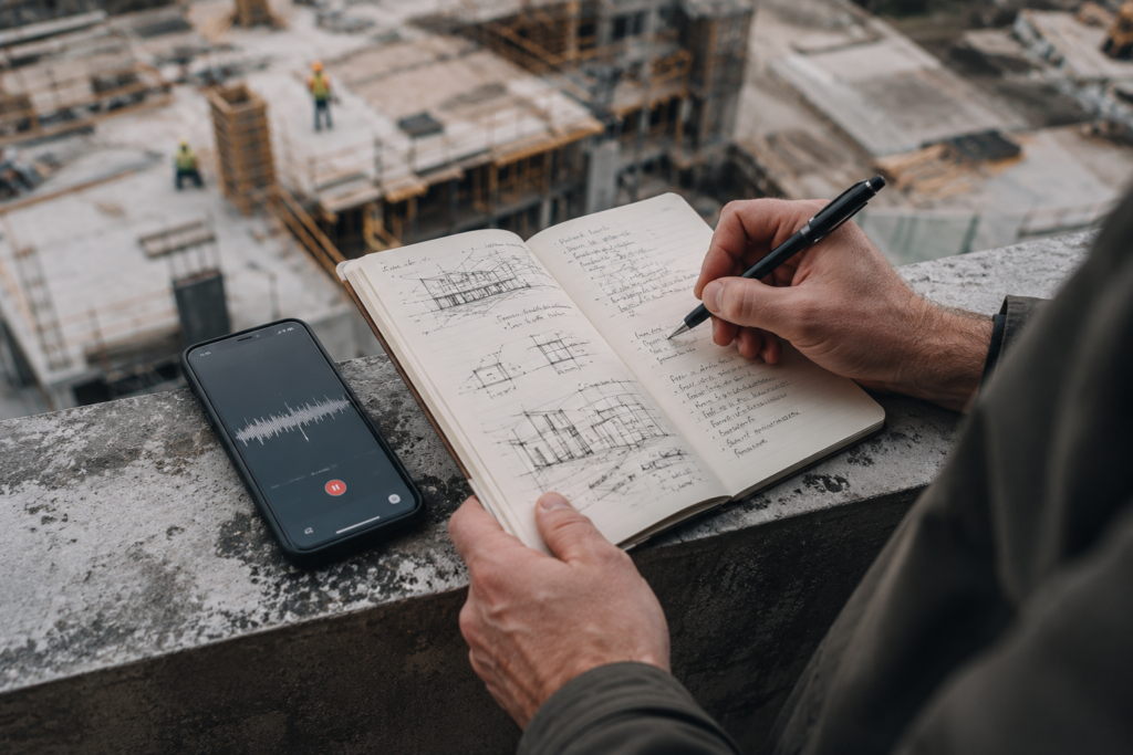 Architect taking quick notes and a voice memo on site, illustrating an information capture system