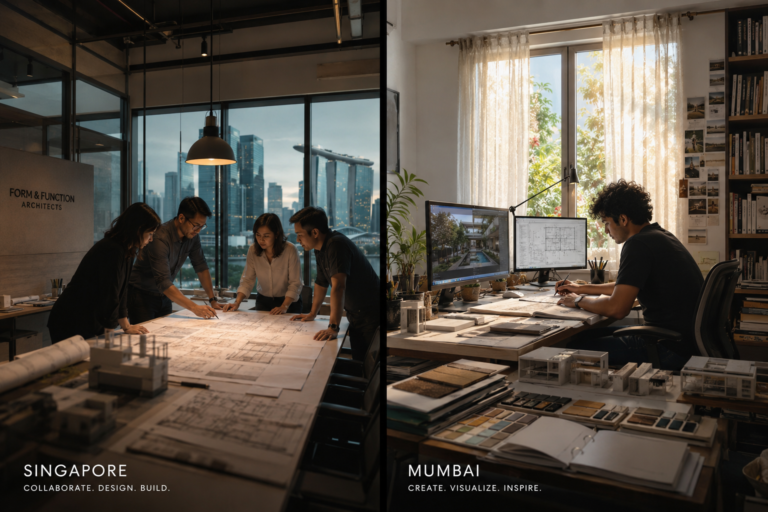 Split-view of a modern architecture firm studio and a freelance architect home studio representing two career paths