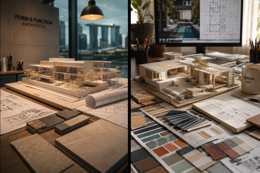 Split-view of a modern architecture firm studio and a freelance architect home studio representing two career paths