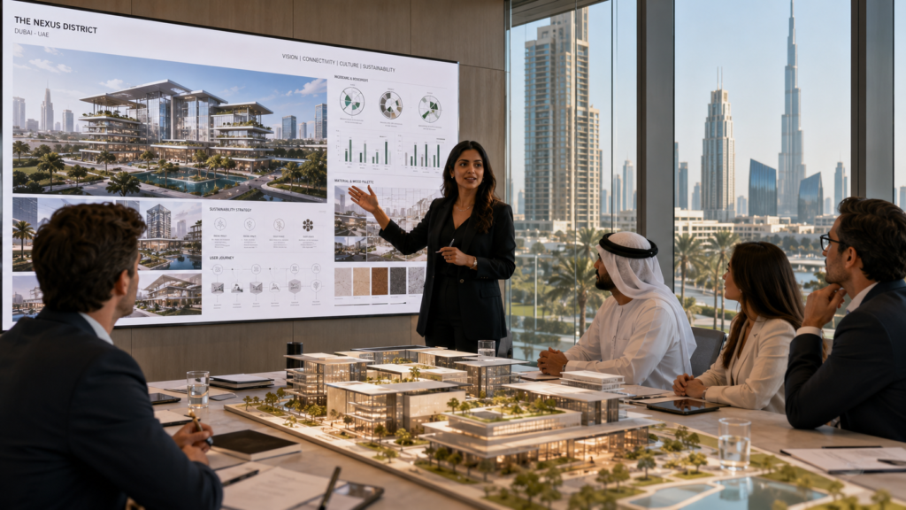 Female South Asian architect presenting architectural concept and visual story to clients in a Dubai boardroom