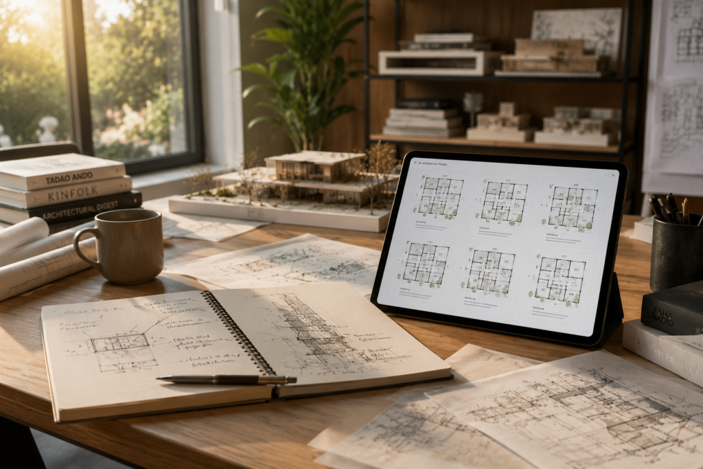  An architect's studio desk with sketch books, concept diagrams and a tablet displaying AI-generated spatial concept diagrams in a warm studio setting.
