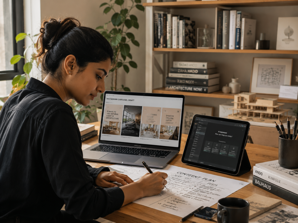  A young architect creating Instagram carousel content on a laptop and tablet in a bright, modern home office, architectural sketches visible in the background.