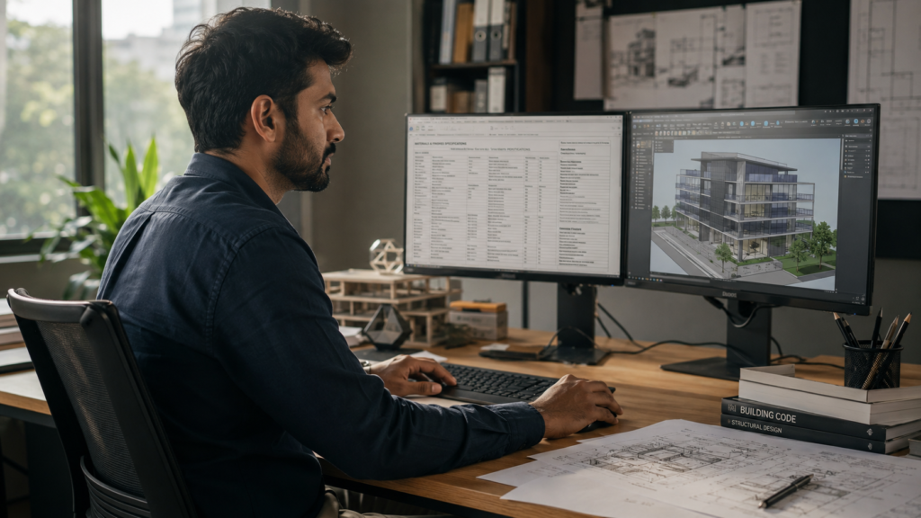 An architect reviewing AI-generated specification documents on a dual-screen workstation in a professional office, focused and organized.