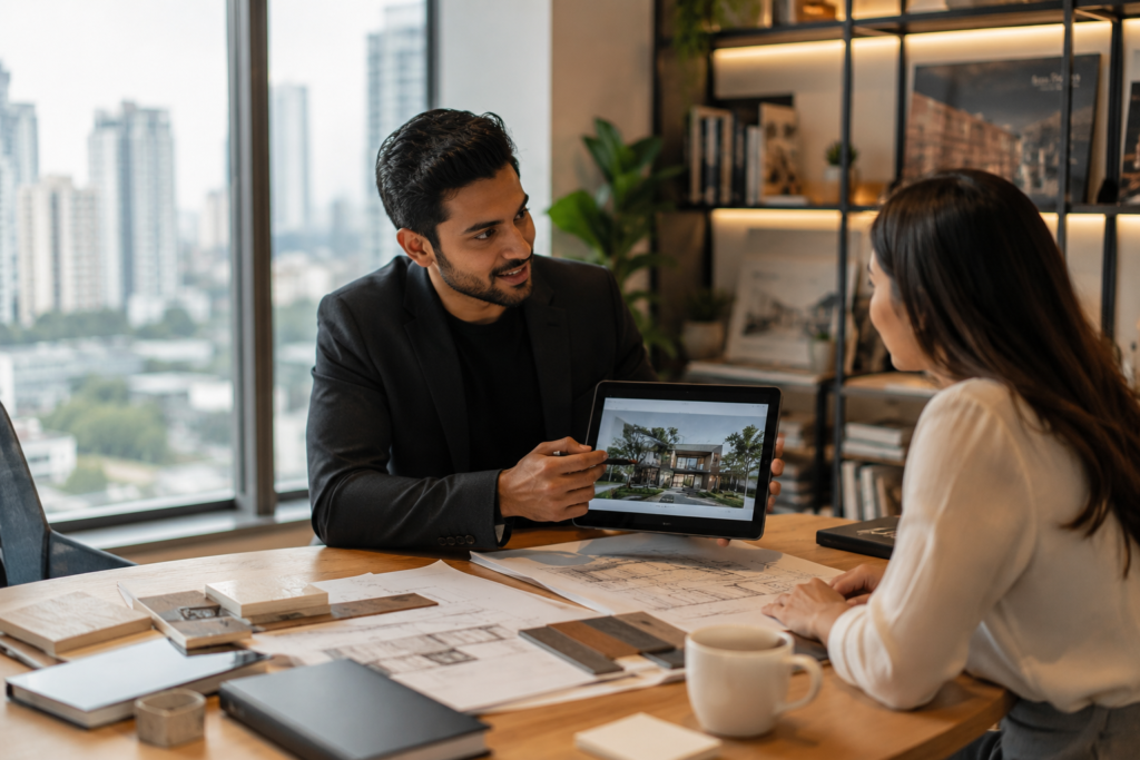 Architect showing a client a tablet render as part of an AI-assisted client communication workflow