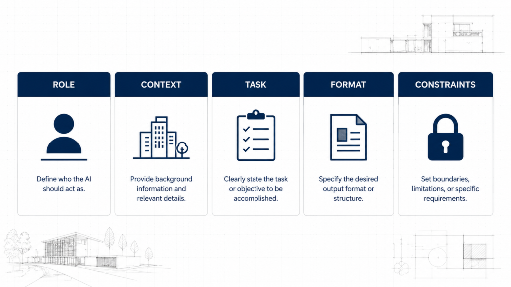 A clean infographic showing the five-part architect prompt formula: Role, Context, Task, Format, Constraints, laid out as building blocks.