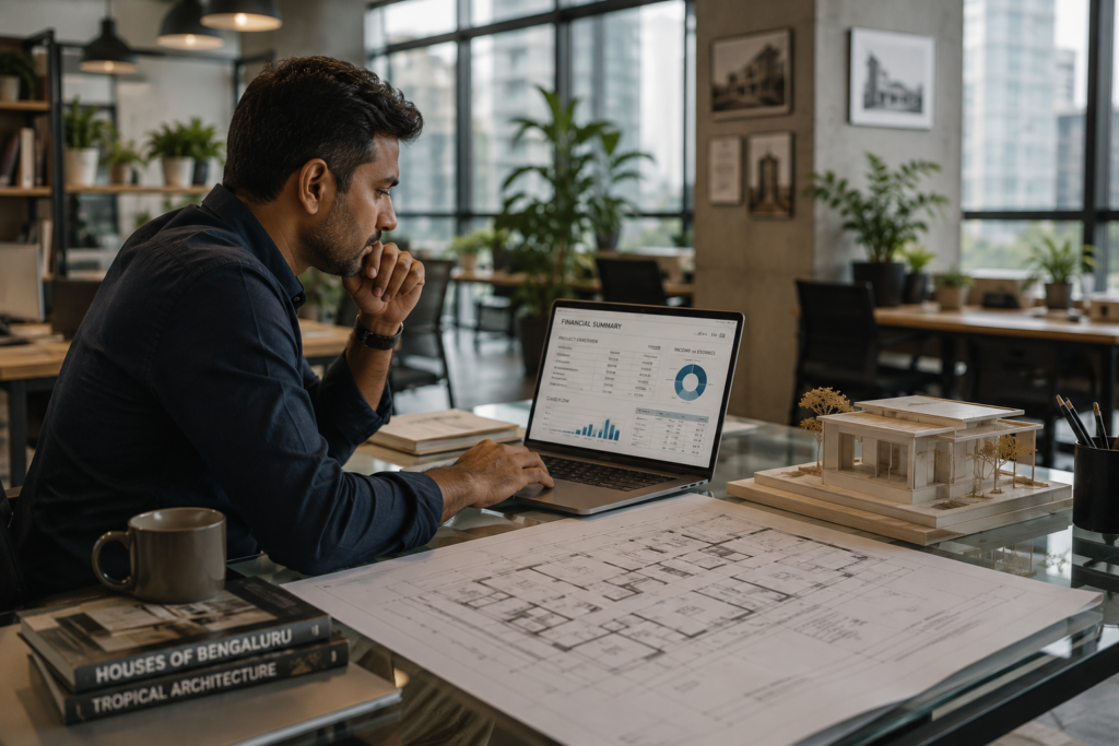 Male architect reviewing income projections and project financials at a modern co-working desk
