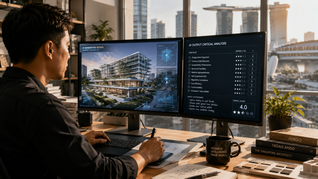 Architect critically evaluating AI-generated building concepts on dual screens in a modern Singapore studio