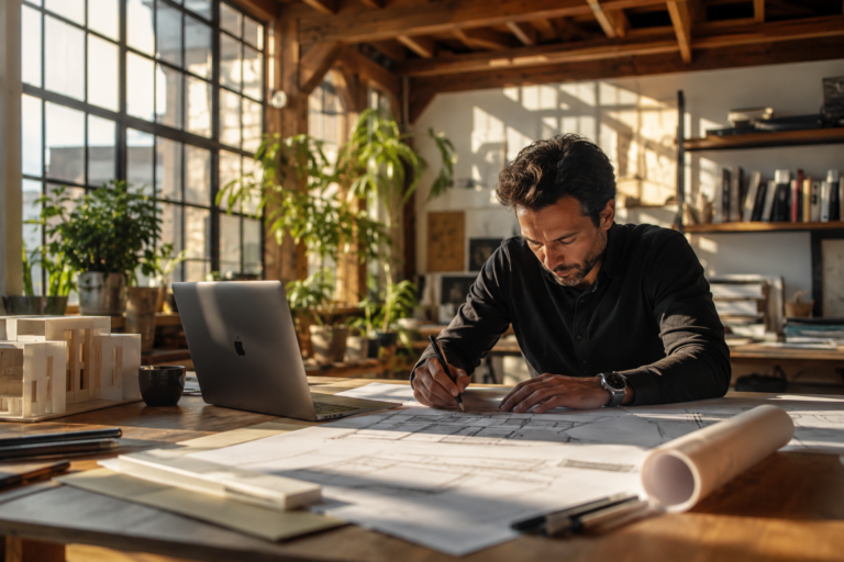 Architect working at a desk with laptop and floor plans during a ChatGPT-assisted workflow session