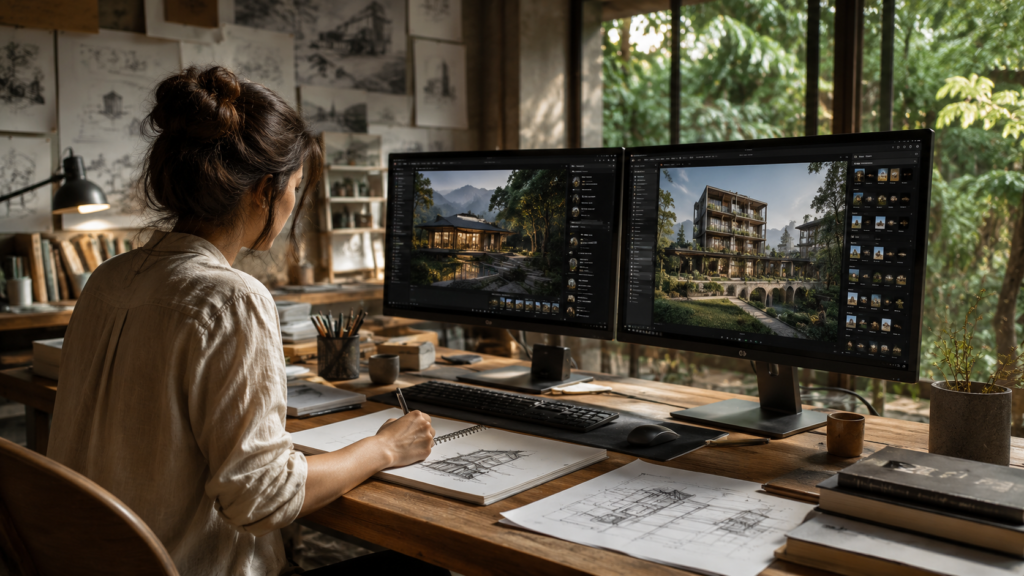 Architect reviewing Midjourney AI architectural renders on dual monitors in a minimal studio workspace with natural light
