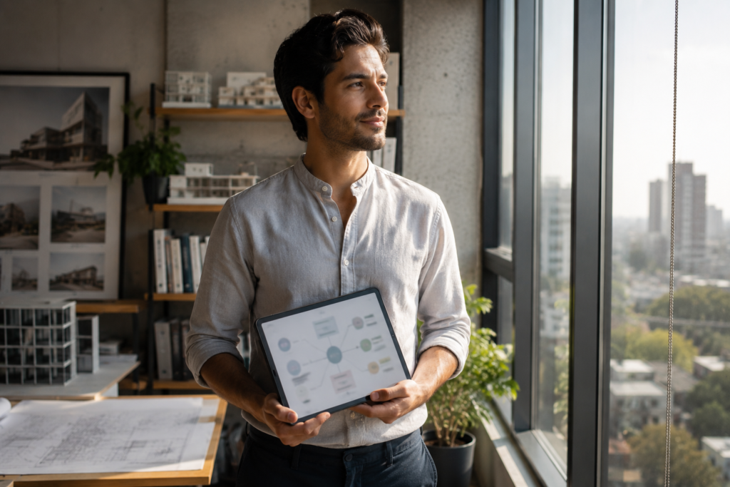 Architect standing by a window holding a tablet, reflecting on career direction