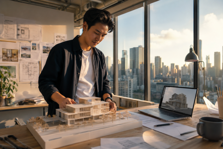 Young architect reviewing a physical building model at a studio desk with city skyline in the background