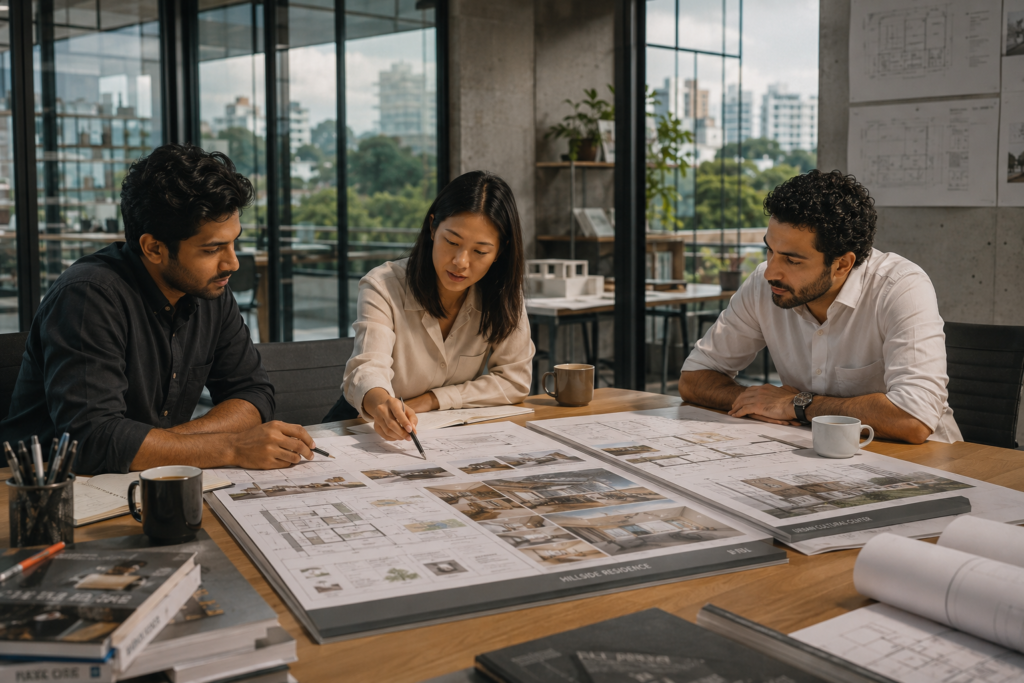 Three architects from diverse backgrounds reviewing firm and freelance project portfolios