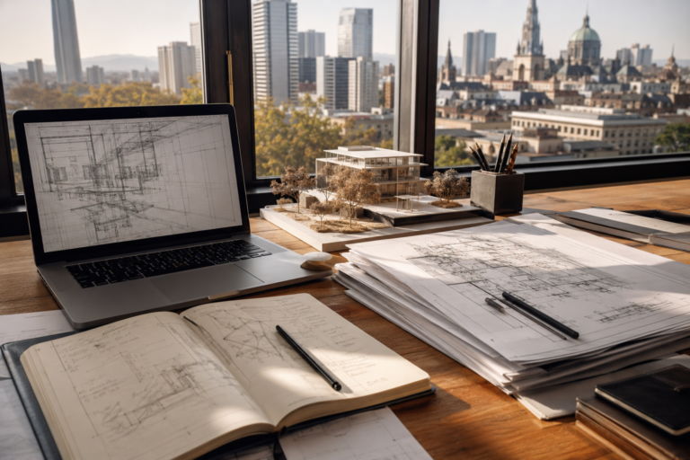 Organized architect's desk with laptop, drawing sets and model, representing an architecture workflow toolkit