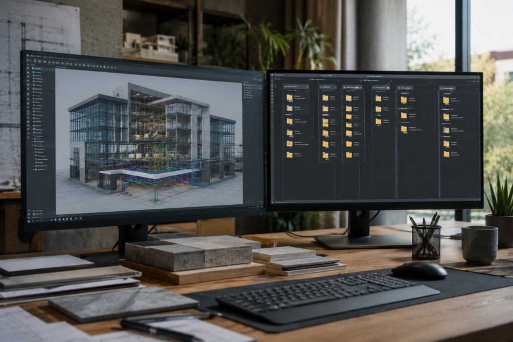 Architecture workstation showing a 3D BIM model and organized digital folder structure for design workflow