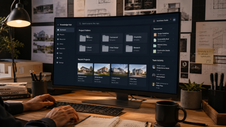 Architect's digital workspace showing a Second Brain knowledge management system on screen