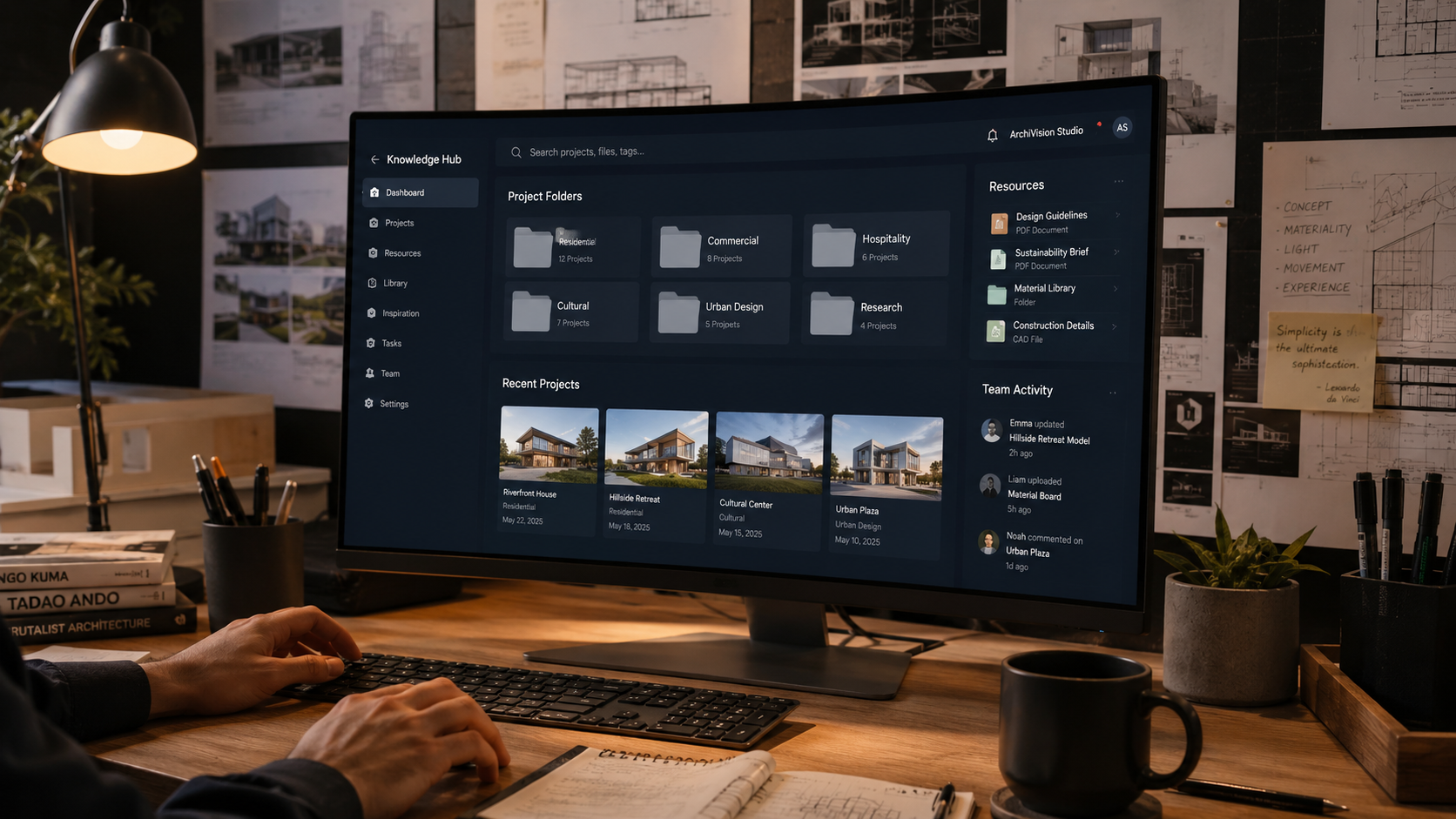 Architect's digital workspace showing a Second Brain knowledge management system on screen