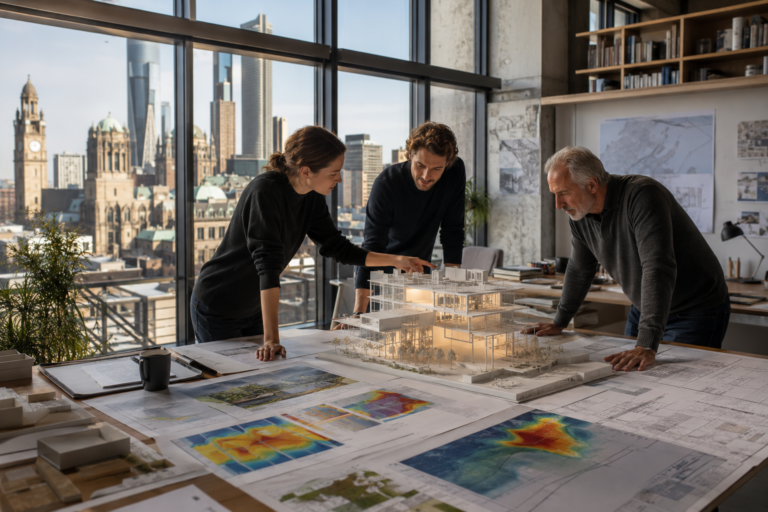 Architects discussing a glowing BIM model and climate data charts in a daylight-filled studio