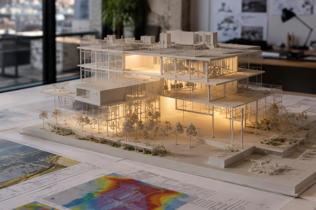 Architects discussing a glowing BIM model and climate data charts in a daylight-filled studio