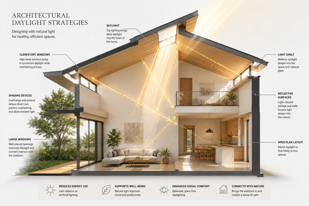 Architectural diagram showing skylight and clerestory windows maximizing natural daylight