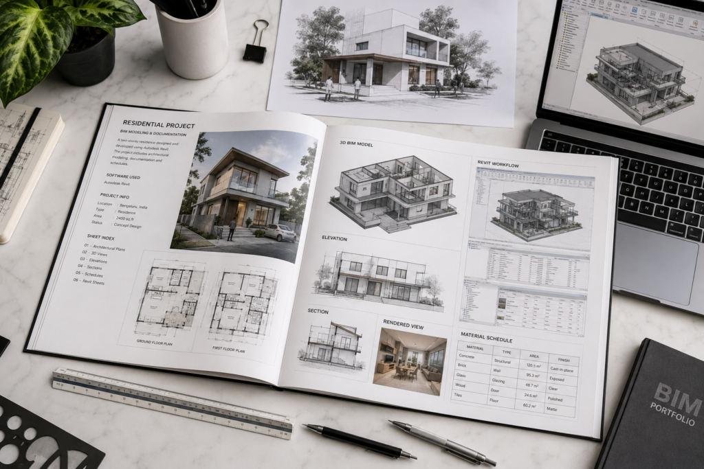 Architecture portfolio flat lay showing printed drawings Revit renders and BIM screenshots on a white desk