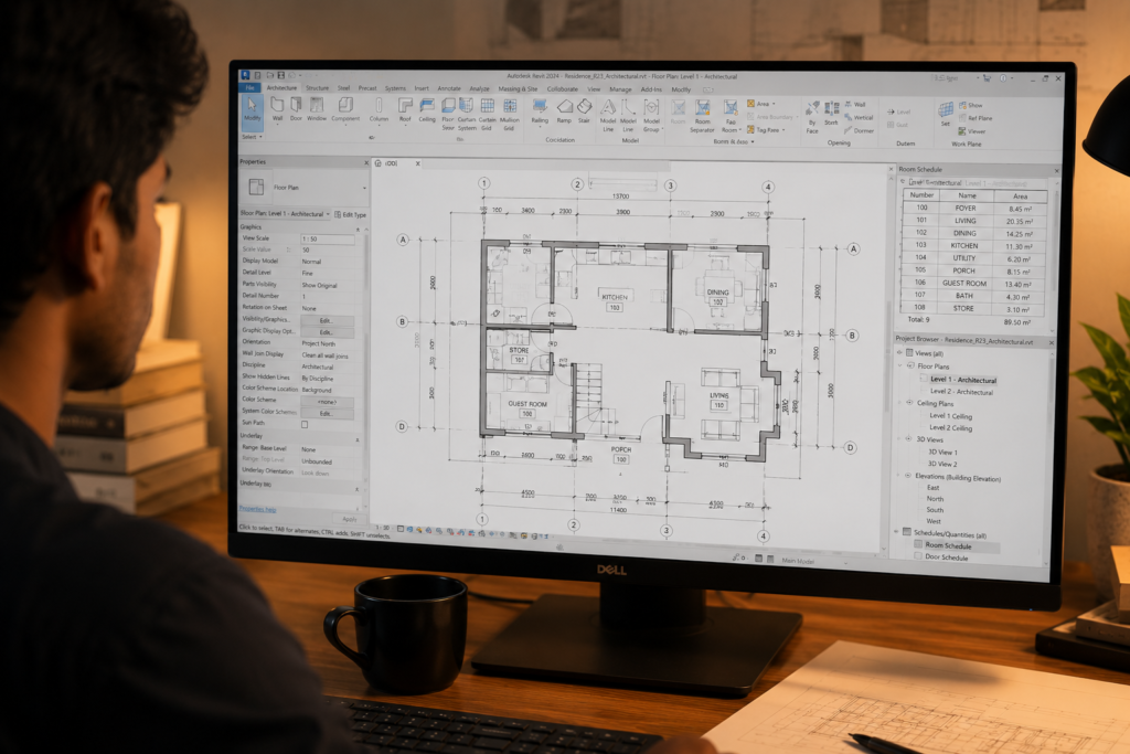 Revit annotated floor plan showing dimensions, room tags and schedules for beginner BIM documentation skills