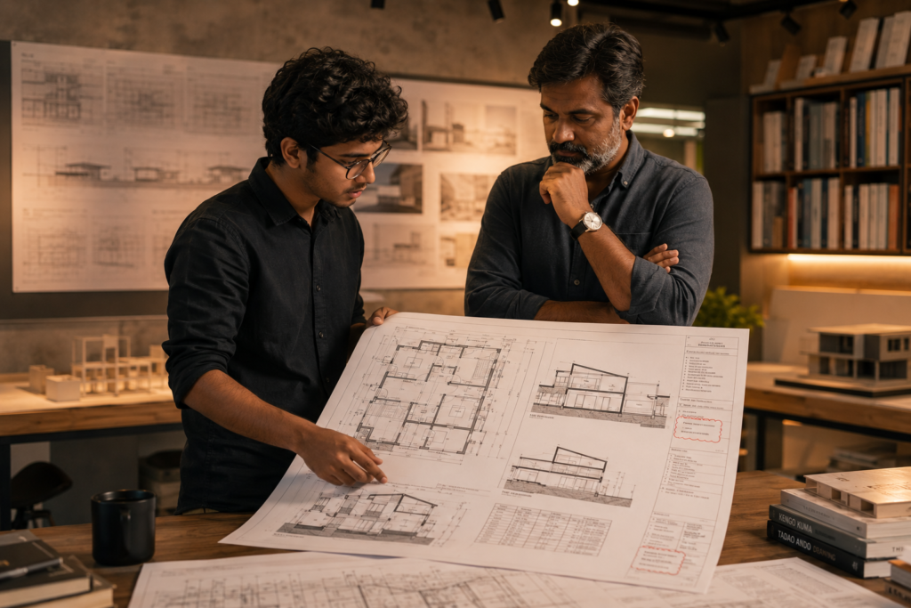 Architecture student presenting printed Revit drawing set as part of BIM skills portfolio building