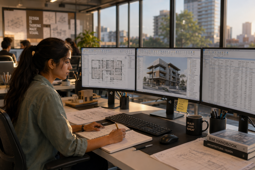 Female architecture student working at triple monitor workstation with Revit floor plan 3D view and BIM schedule 