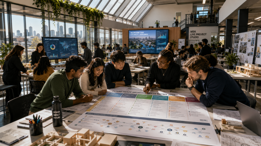 Diverse group of architecture students collaborating on future skills planning in a Melbourne studio