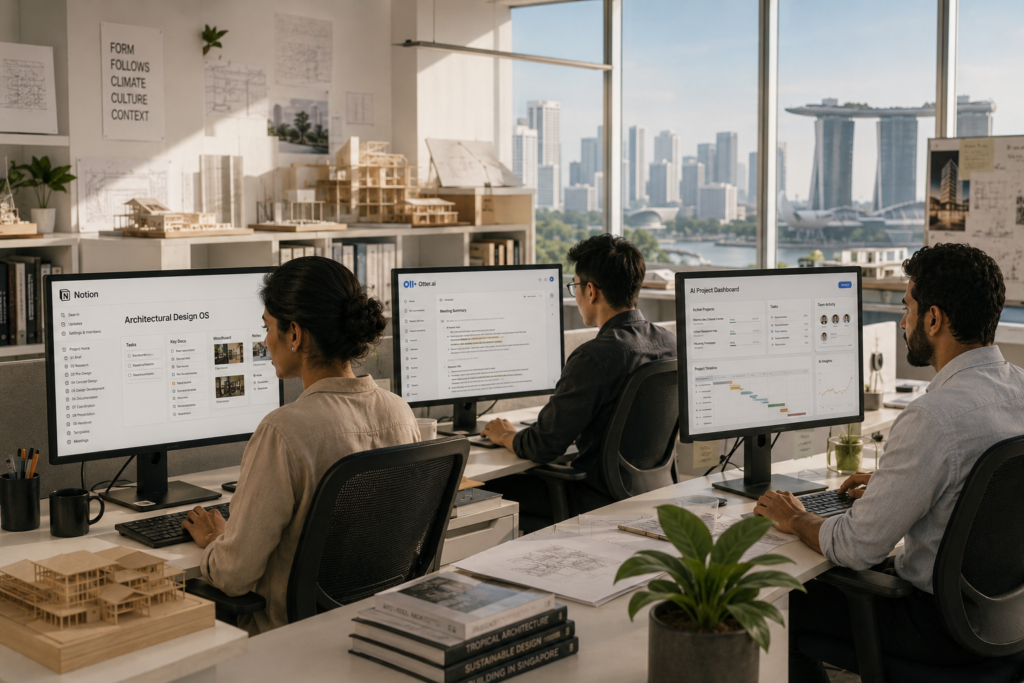 Architecture studio team using AI productivity tools including Notion and project dashboards