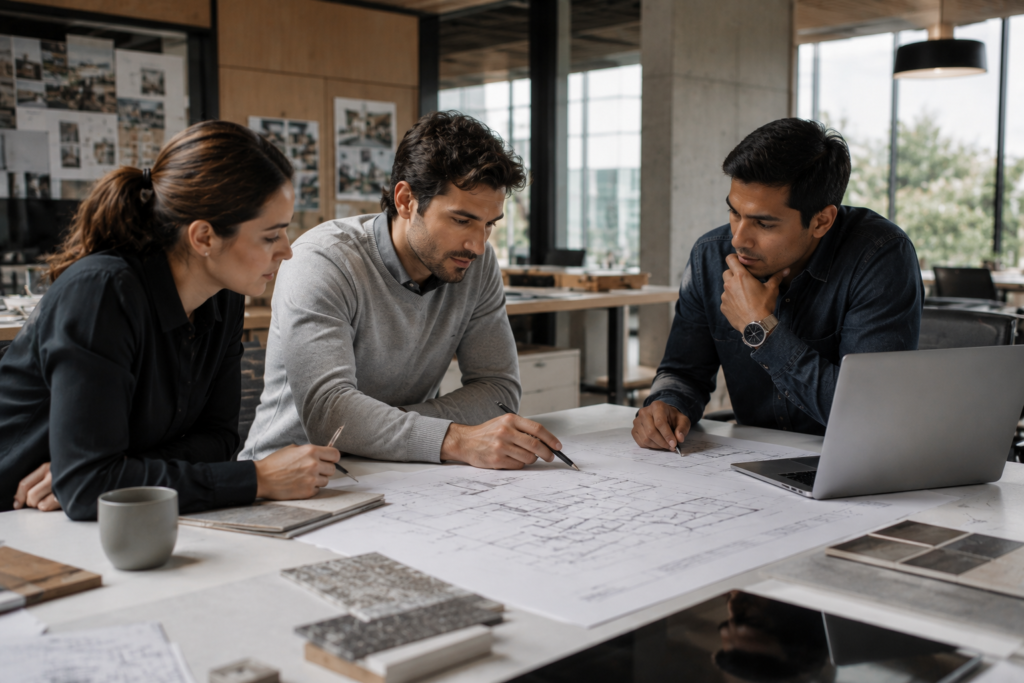 Architecture team collaboratively reviewing AI-assisted drafts and drawings around a conference table