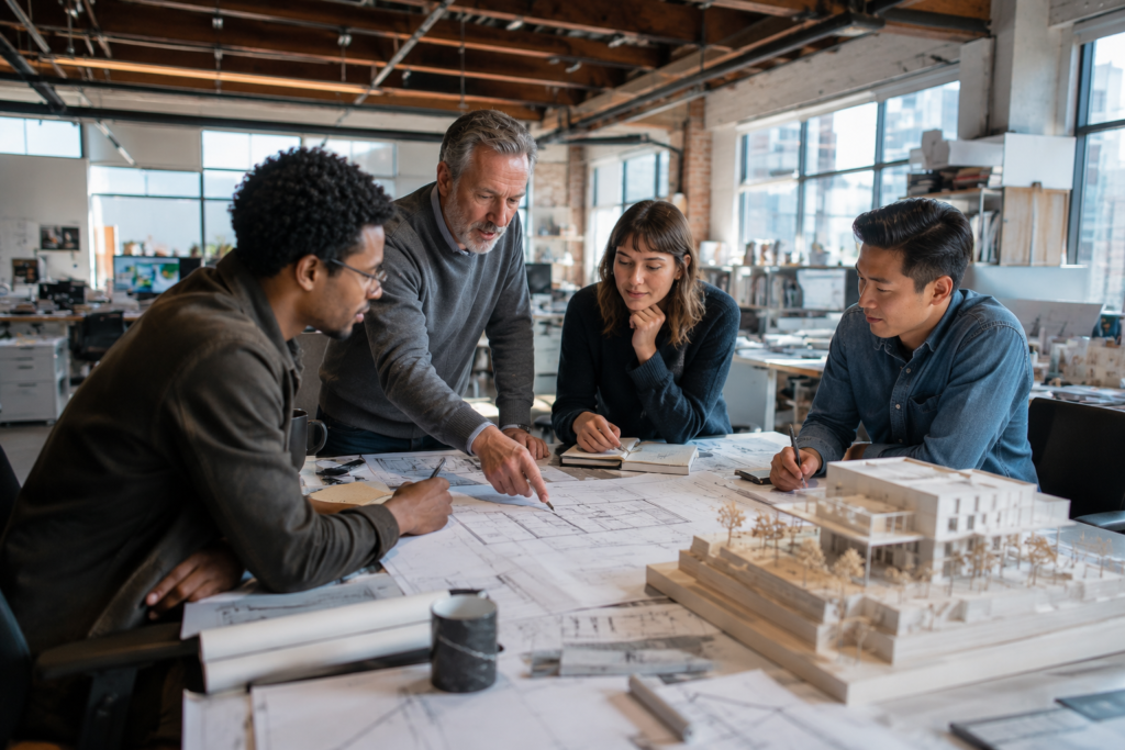 Architecture team of varying seniority reviewing drawings and a model around a conference table