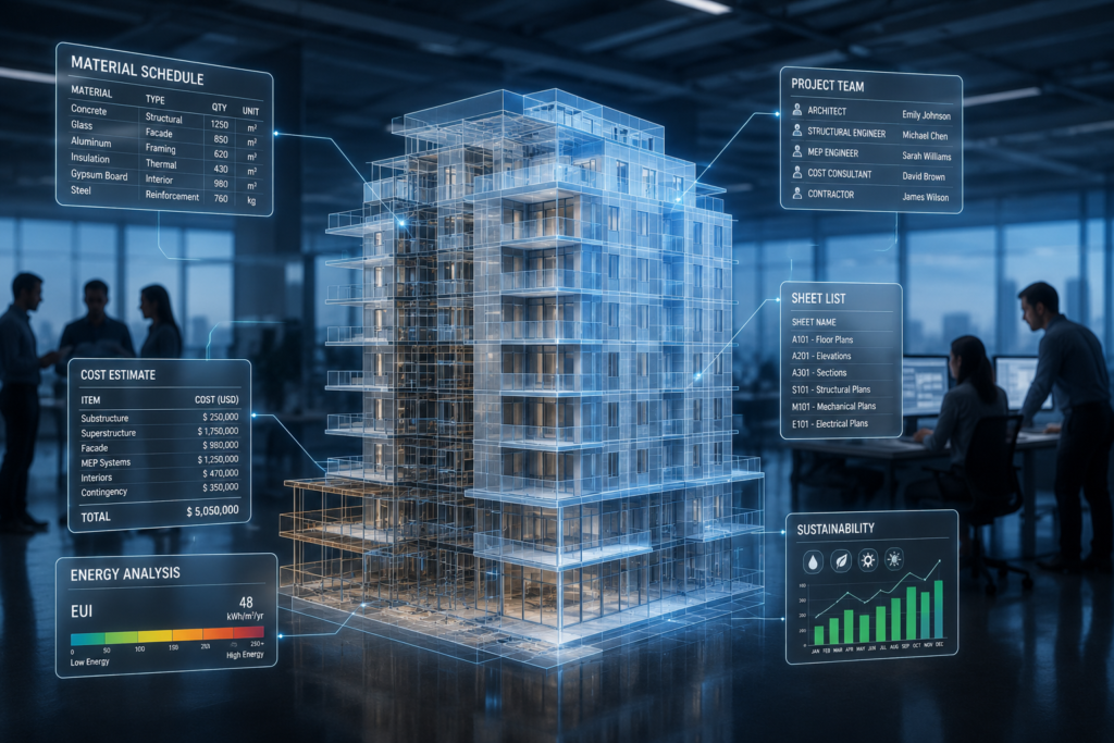 BIM building information model showing data connections between 3D geometry, material schedules and project team