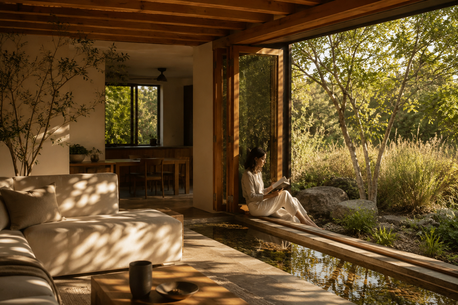Modern home interior with timber-framed glass doors open to a native garden and a stone water channel at the threshold