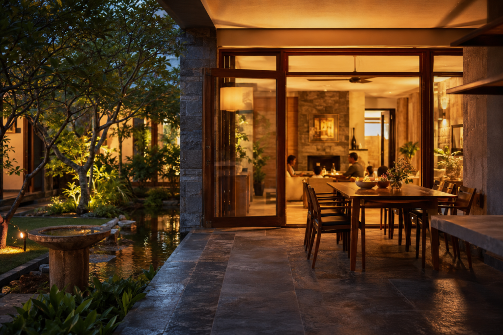 Modern home interior with timber-framed glass doors open to a native garden and a stone water channel at the threshold