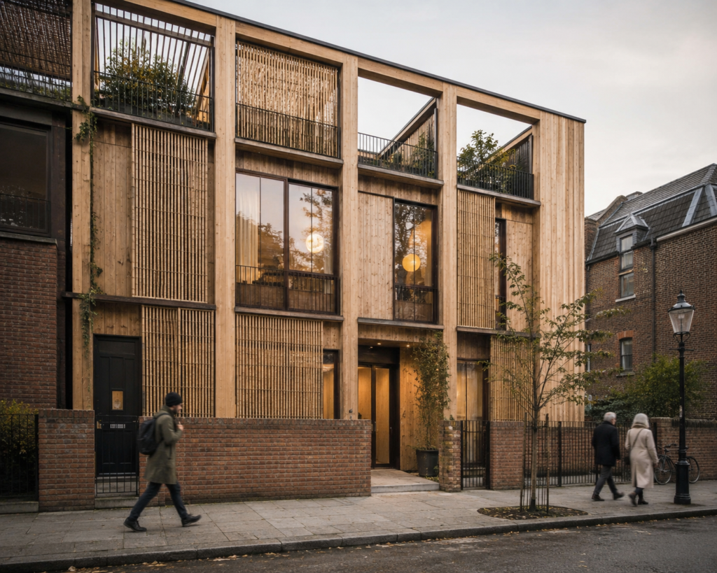 Modern European home exterior with cross-laminated timber and bamboo screen facade in soft Nordic daylight