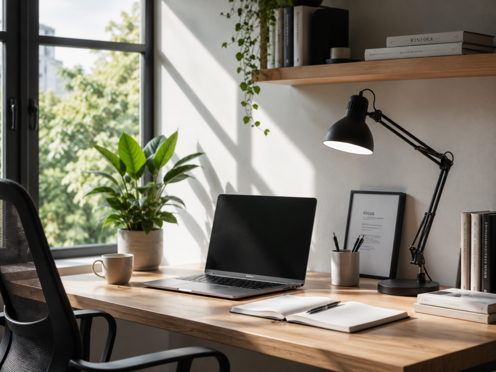 Home office desk near a window with natural daylight and adjustable task lamp