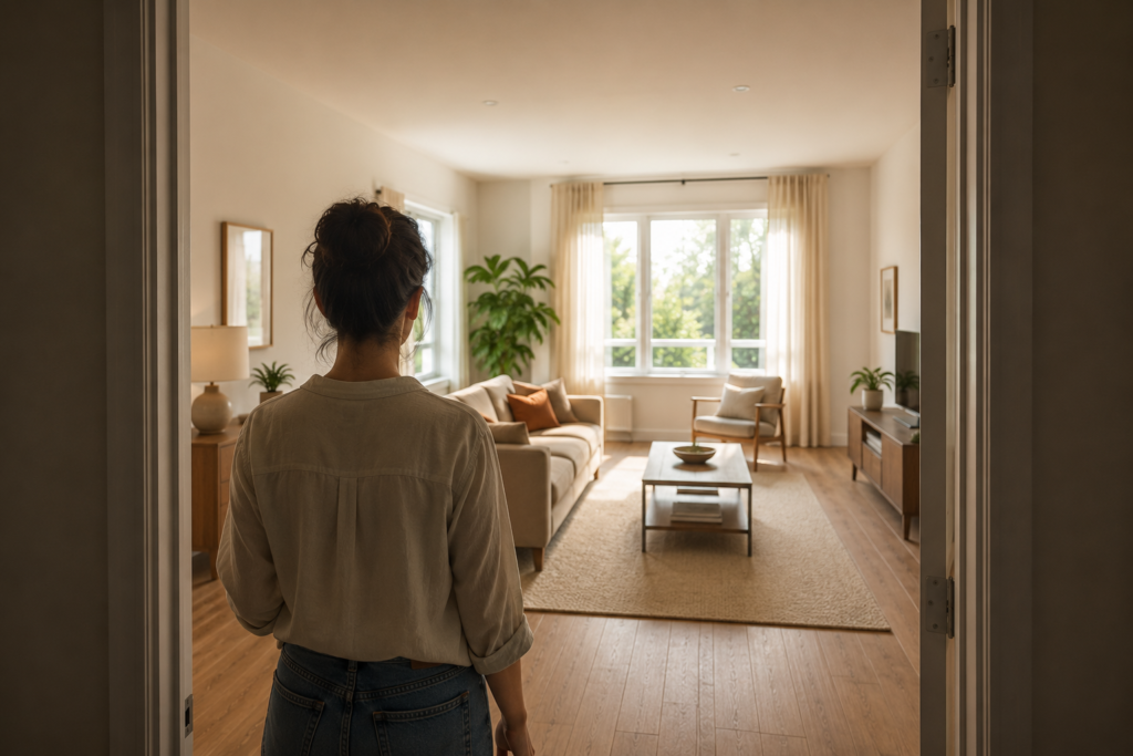 Homeowner standing in doorway viewing an open, well-organized living room layout 