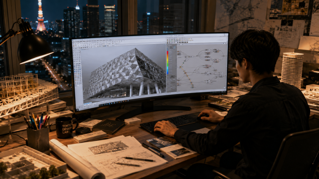 Architect using parametric design tools and computational modelling in a Tokyo architecture studio