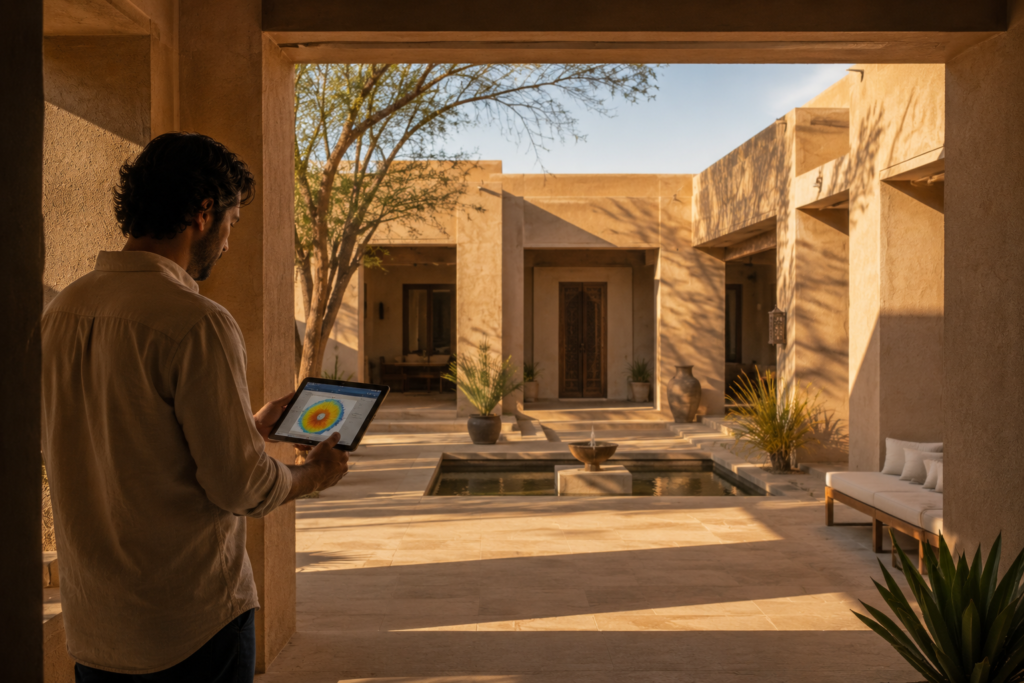 Architect reviewing solar exposure data on a tablet in the shade of a sunlit courtyard house