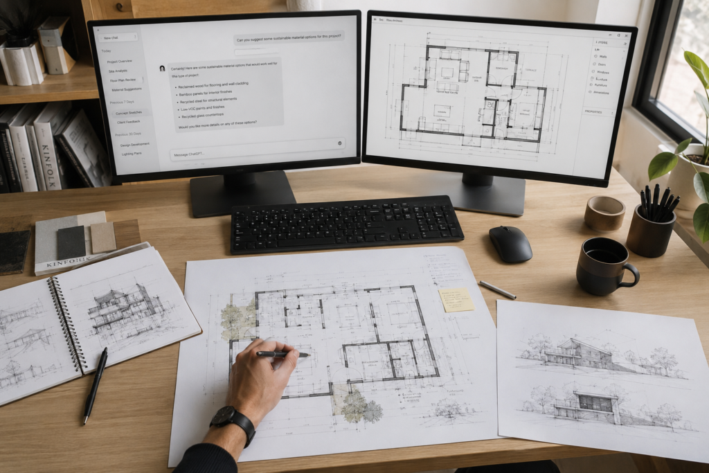 Overhead view of an architect's desk showing a digital workflow dashboard alongside hand sketches