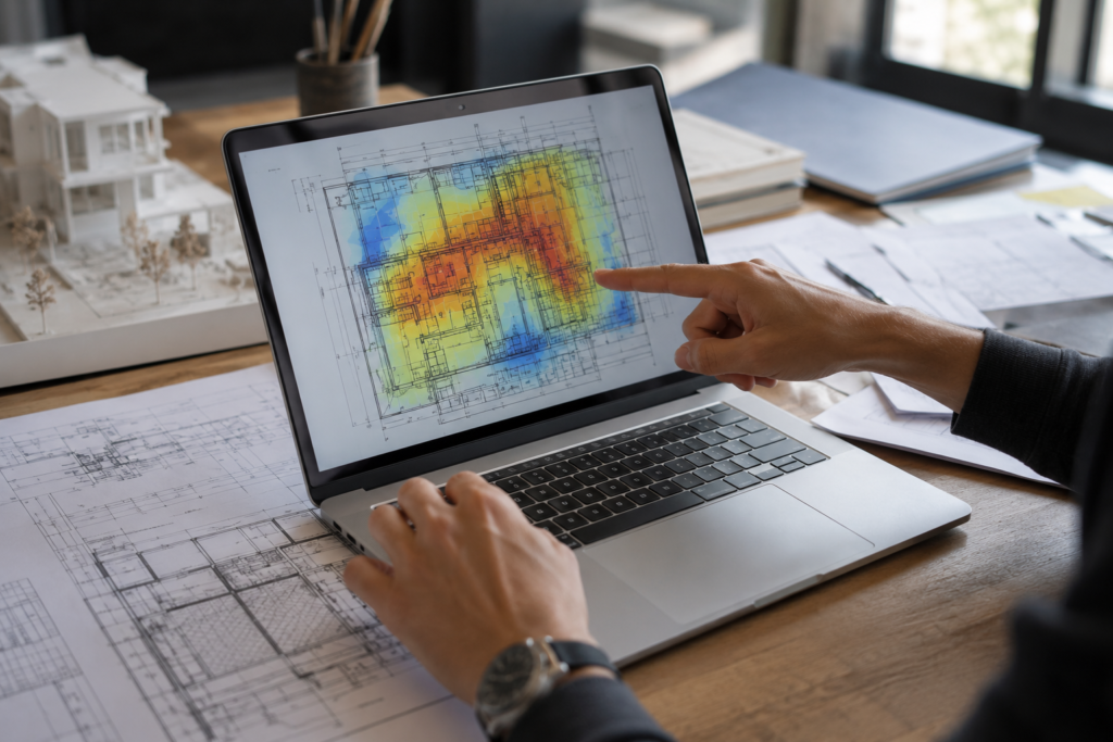 Close-up of an architect pointing at a daylight simulation heatmap on a laptop beside structural drawings