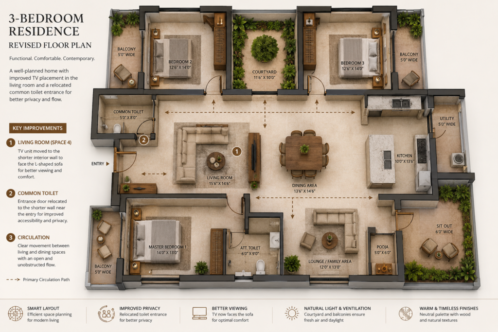  Floor plan illustration with glowing circulation paths