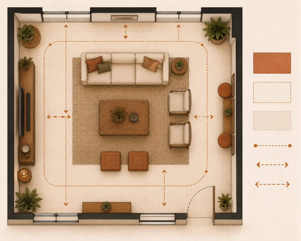 Floor plan showing furniture vs. clear floor area
