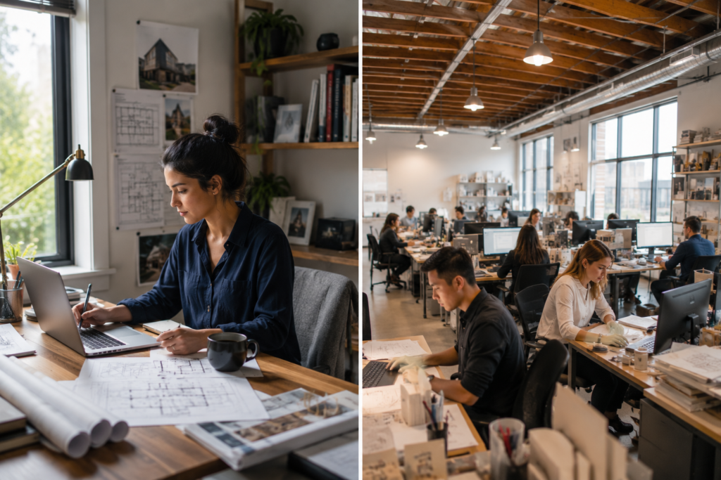 Comparison image showing a solo freelance architect’s home office beside a busy architecture firm office