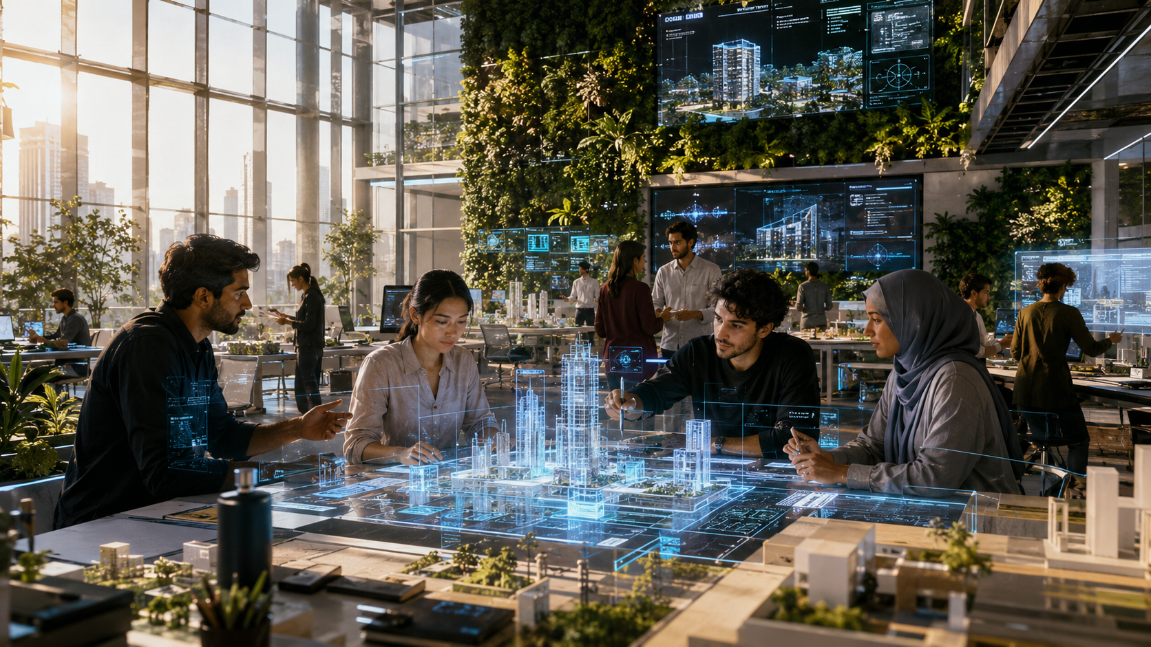 Diverse group of future architects in 2035 collaborating in a high-tech sustainable studio with holographic and AI design tools