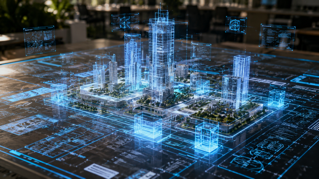Diverse group of future architects in 2035 collaborating in a high-tech sustainable studio with holographic and AI design tools